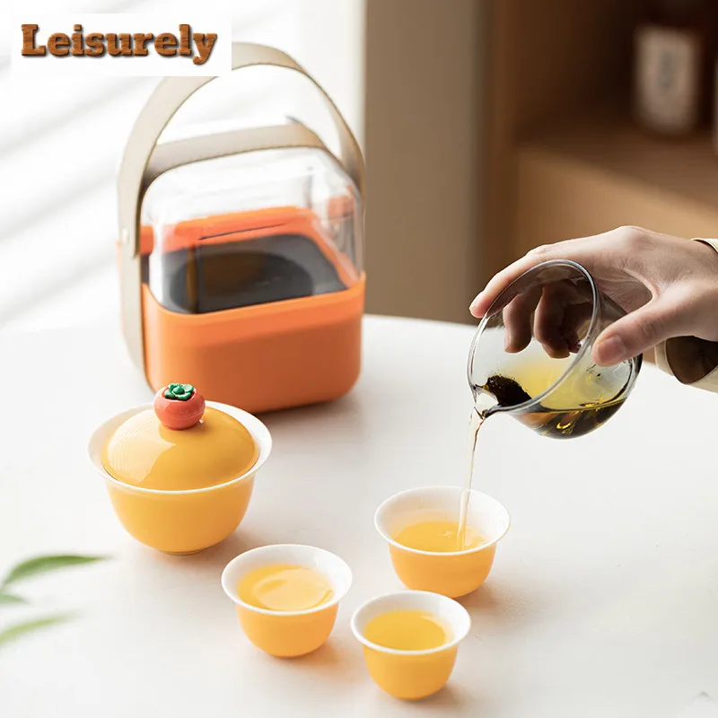 Creative Persimmon Travel Tea Set Kit Boutique 1 Pot 3 Cups Tea Making Organizer Portable Outdoor Stock Bags Supplies Decoration