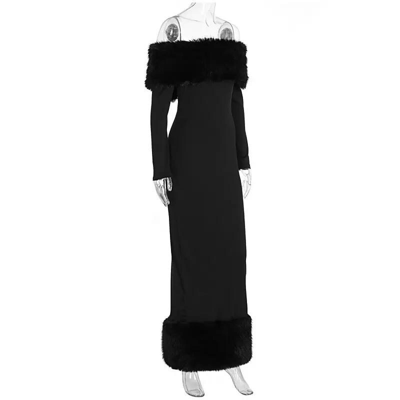 Frauen Patchwork Off-Schulter Maxi Kleid Faux Pelz Trim Langarm Bodycon Kleider Herbst Winter Weibliche Parteien Abend robe – Detail 3
