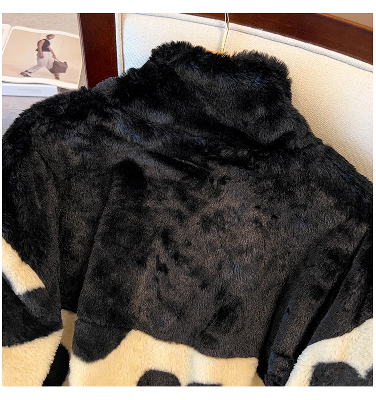 Cárdigans de retales con estampado de corazón de terciopelo grueso de algodón suelto coreano para mujer, chaqueta de felpa con cremallera elegante de gran tamaño, Y2k, invierno, nuevo - Image 6