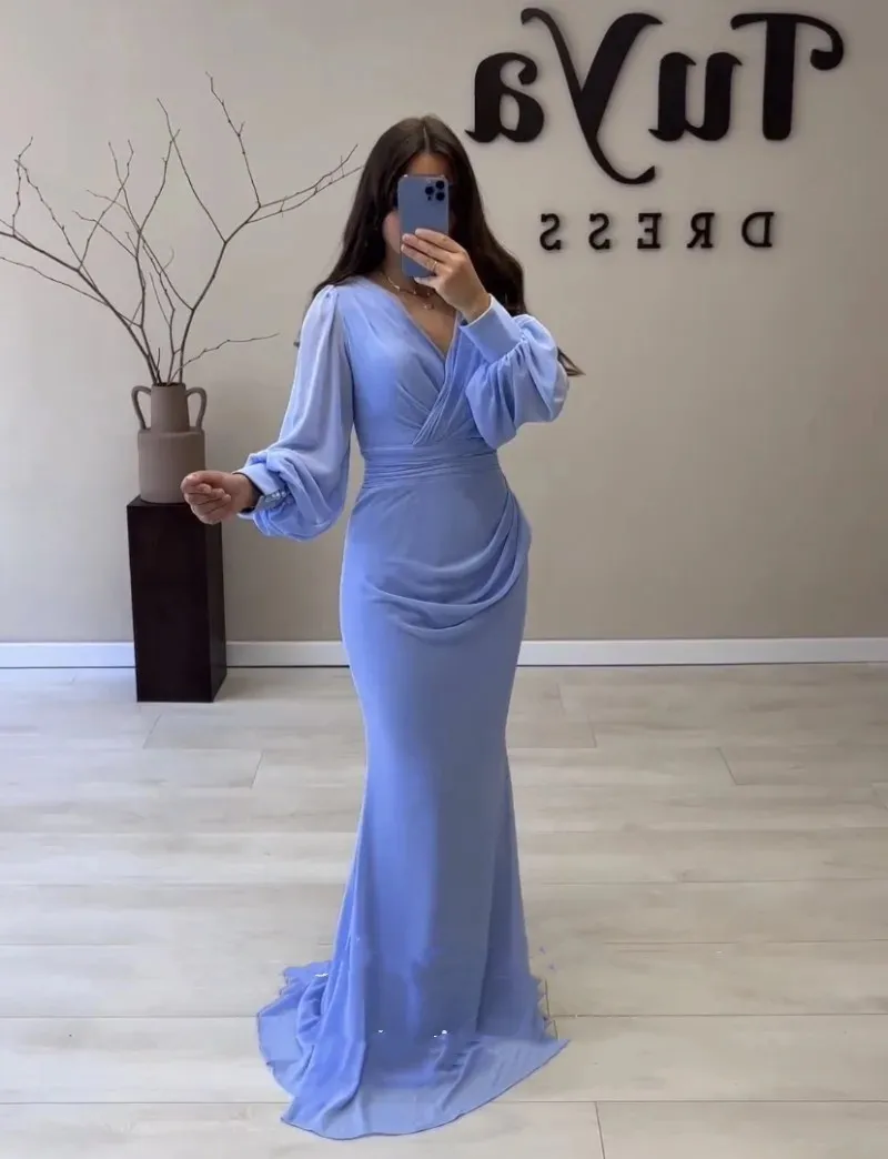 

Elegant Arabic Evening Dress Long Puffy Sleeves Chiffon Mermaid V-Neck Blue Celebrity Prom Party Gown فساتين سهره فاخره 2023