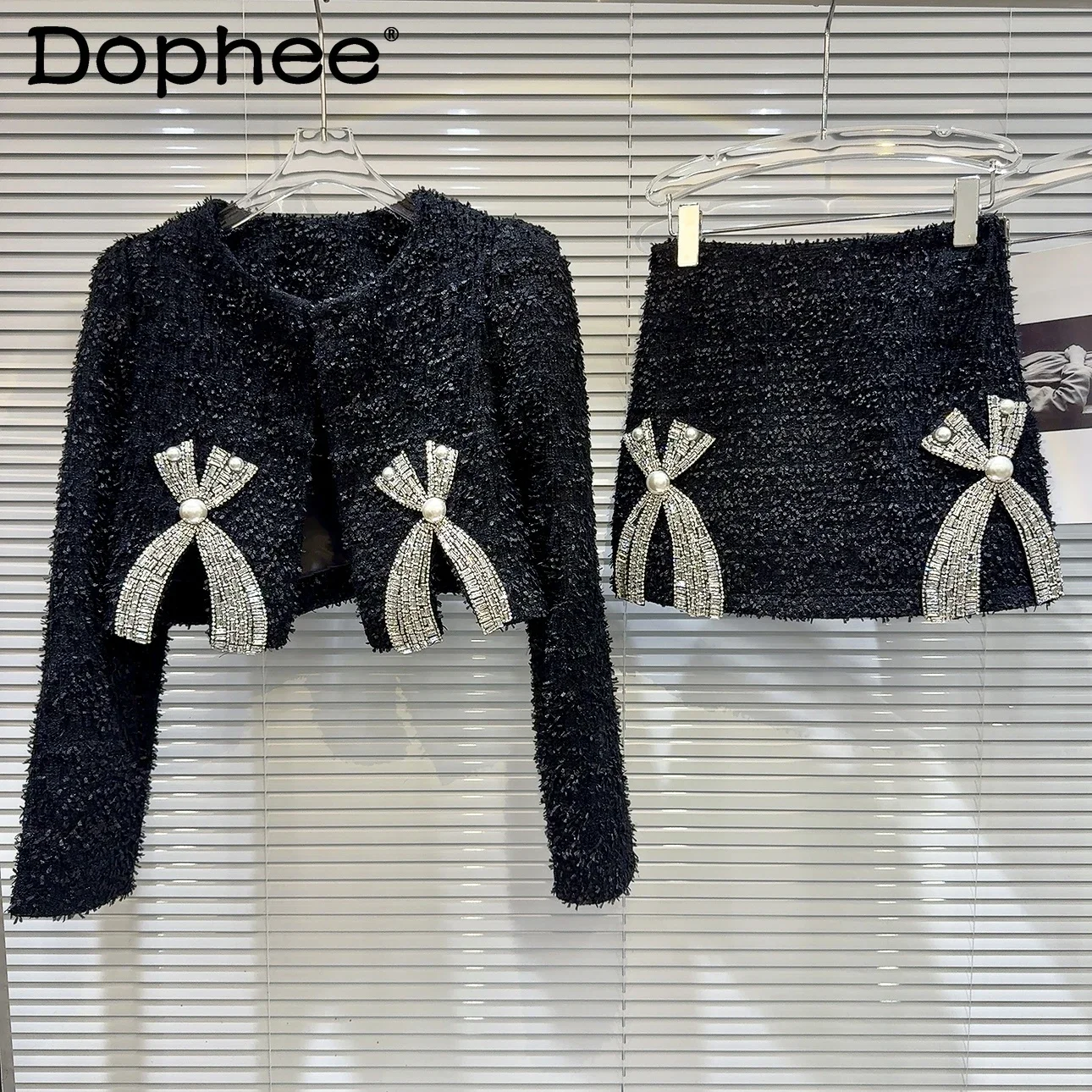 Office Lady Skirt Sets Women Fall Winter Crew Neck Long Sleeve Short Coat Pearl Bow Rhinestone Quilted Short Coat Skirt Outfit