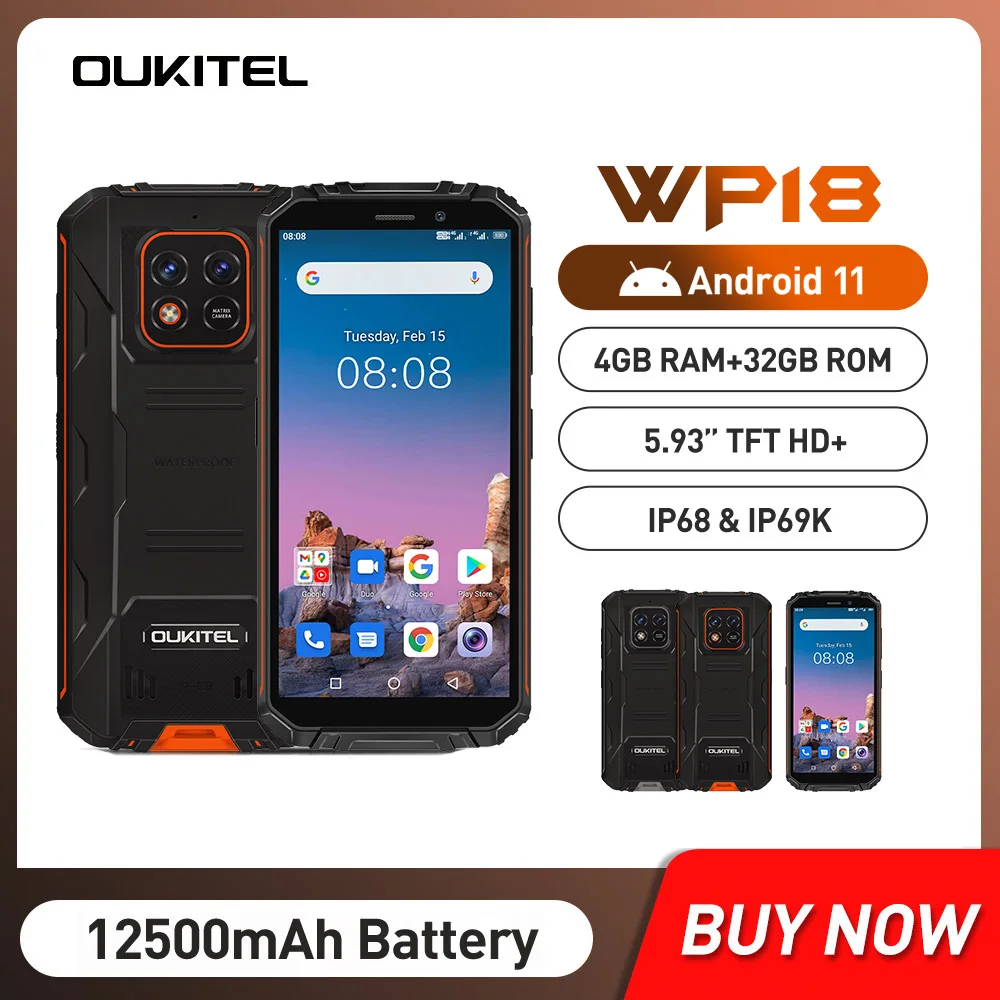 

OUKITEL WP18 Rugged Smartphone 5.93Inch HD Display Android 11 Quad Core 4GB+32GB 13MP Camera Mobile Phone 12500mAh Large Battery