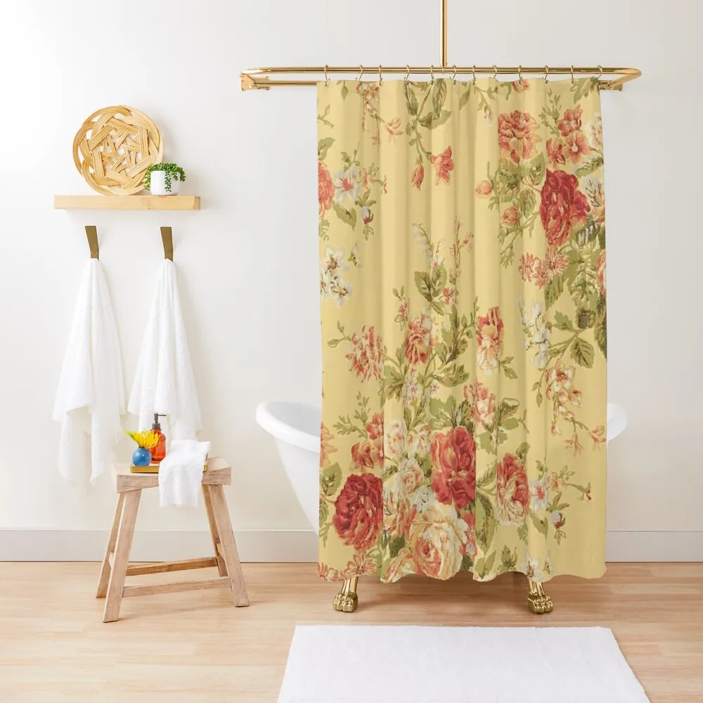 

Vintage Pink Roses on Creamy Yellow Background Shower Curtain Modern Bathroom Accessories