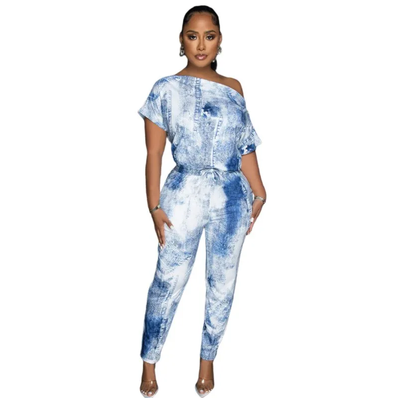 Sexy Women's African Jumpsuit Trousers Fashion Faux Denim Print Jumpsuit Shoulder Short Sleeves Elegant Fit Rompers 2023 Summer