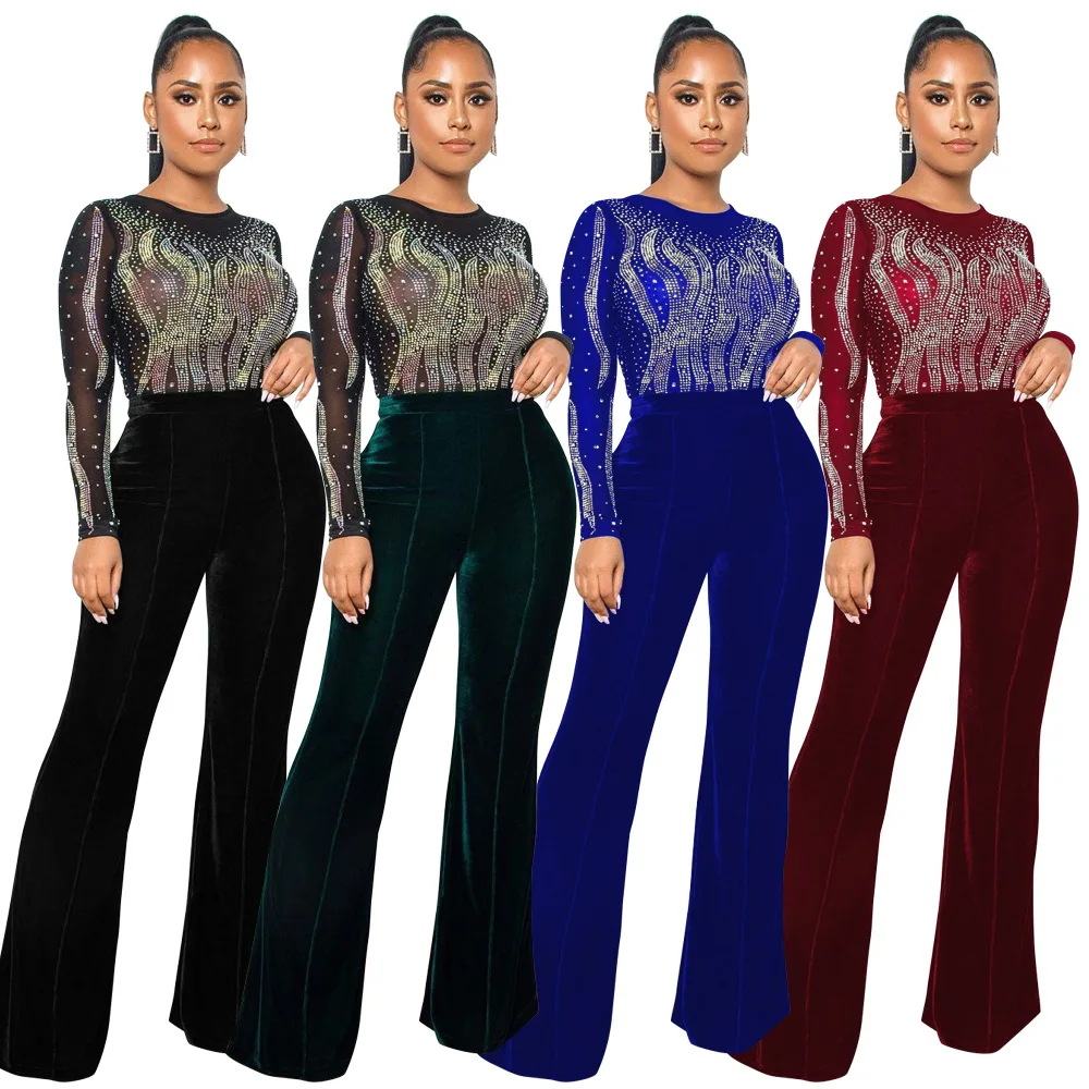 

Luxury Diamonds Auutumn Winter Velvet Women Jumpsuit Mesh Patchwork Sparkle Crystals Women Party Rompers Birthday Pants Overalls
