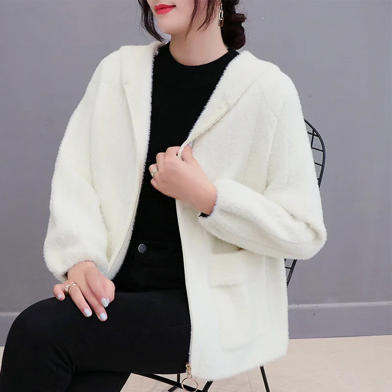 

2023 Mink Fleece Lantern Sleeve Sweater Coat Women's Winter New Solid Color Hooded Knitted Cardigan Loose and Thickened Top