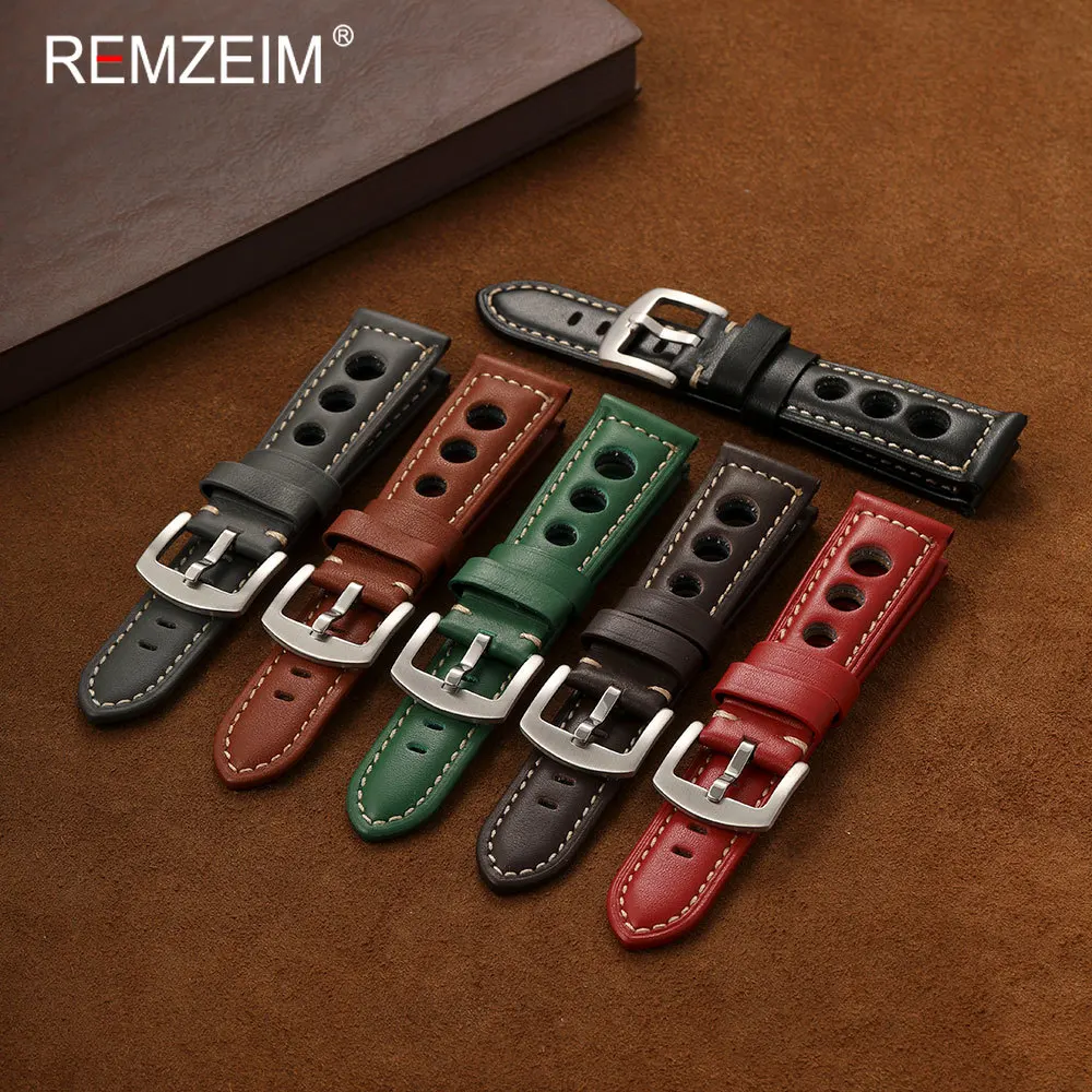 Men's Vintage Perforated Genuine Leather Watch Band - Breathable Replacement Strap
