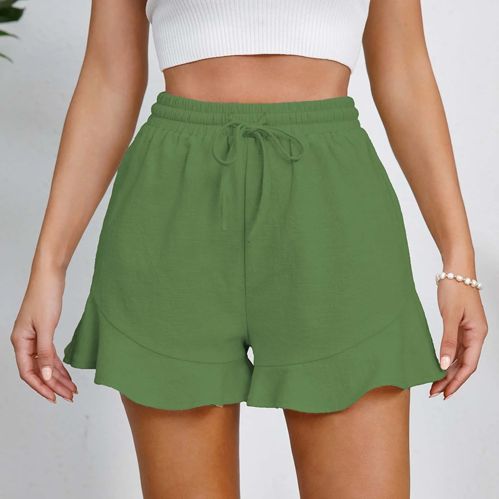 

2023 New Design Ladies Bottoms Casual Comfy Drawstring Lace Up Elastic Waist Summer With Pockets Wide Leg Shorts For Women
