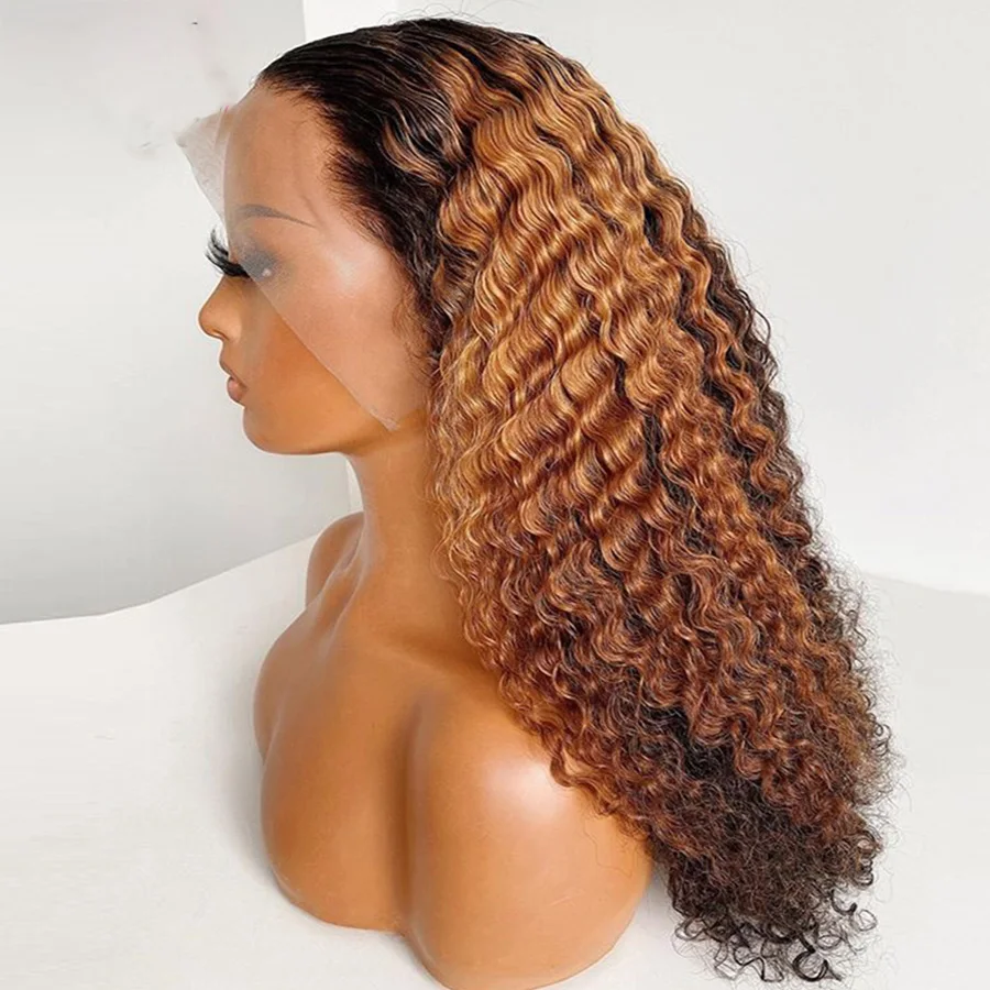 

Soft 26"Long Kinky Cruly 180Density Ombre Honey Blonde Brown Lace Front Wig for Black Women BabyHair Glueless Preplucked Daily
