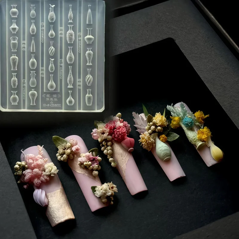 투명 실리콘 네일 아트 몰드 우아한 꽃병 병 중국 스타일 세라믹 머리핀 3D 네일 장식 몰드
