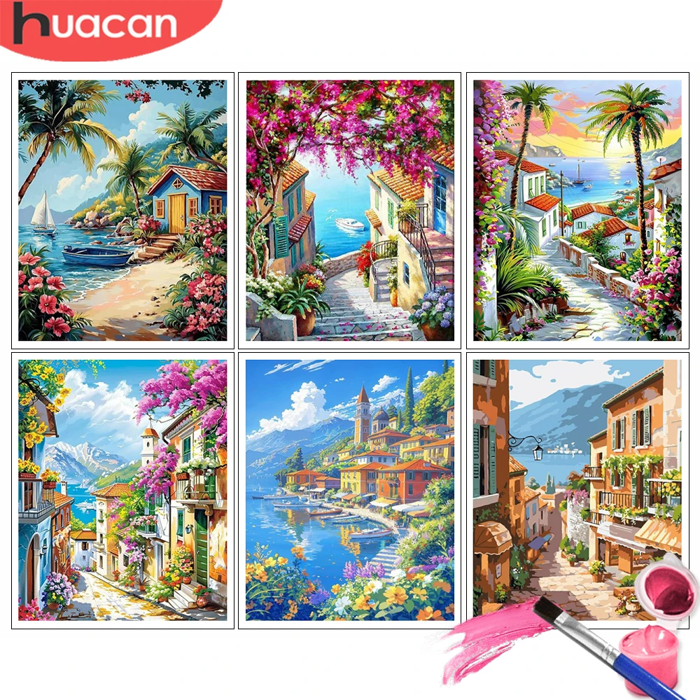 Painting By Number Kits Italian Coastal Town Scene Artistic Background Digital Oil Painting Scenery Coloring Artcraft Handpaint