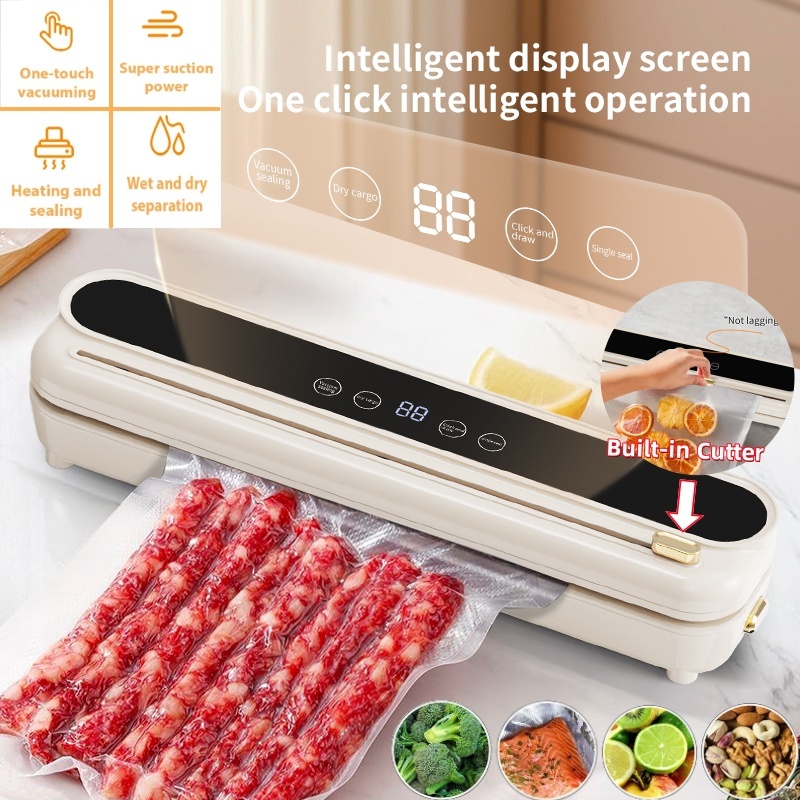 Electric Vacuum Sealer Built-in Cutter Food Keep Fresh Vacuum Packaging Machine Dry/Wet Applicable Kitchen Food Sealing Machine