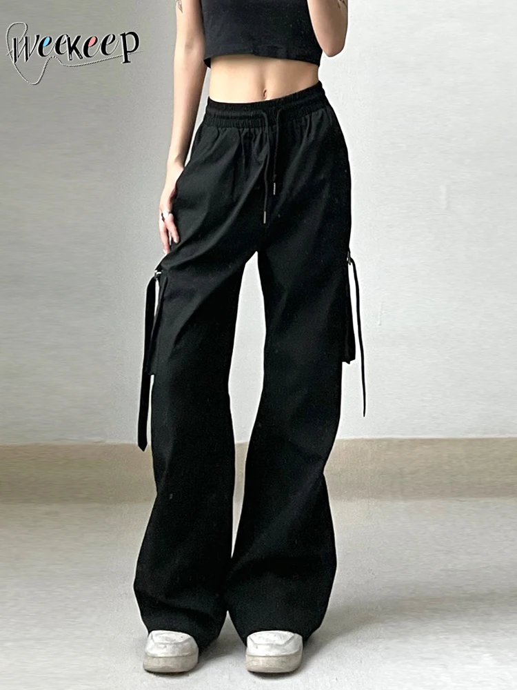 

Weekeep Punk Style Black Cargo Pants Elastic High Waist Jogging Sweatpants Ribbon Buckle Pocket Patchwork Women Pants Streetwear