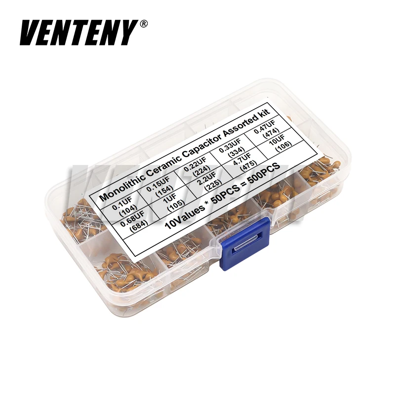 

500pcs Multilayer Ceramic Capacitor Assorted Kit 50V 10values*50pcs 0.1uF - 10uF Monolithic Capacitance Set with Box