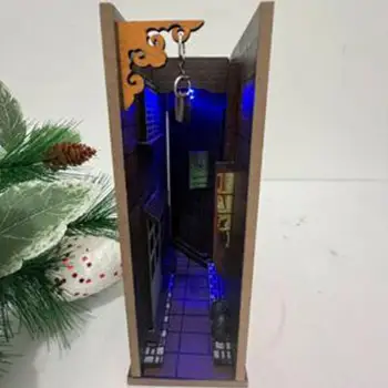 3D 나무 서점 선반 삽입 따뜻한 조명 효과 DIY 책 구석 키트 서점 북엔드