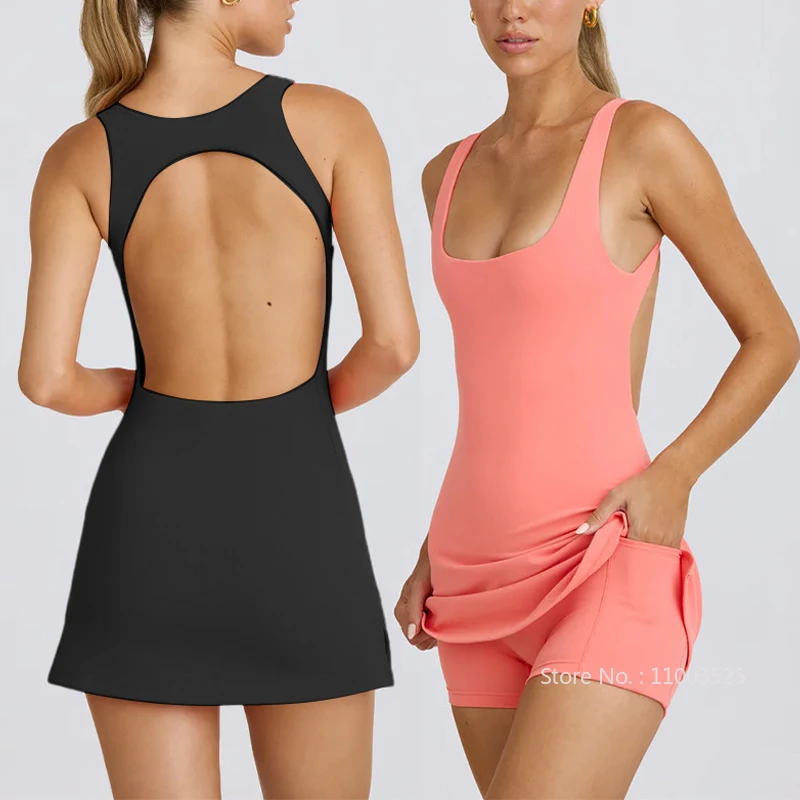 Summer Fitness Sports Tennis Dress Women Sexy Backless Yoga Dress Female Casual with Inner Shorts Sports Slip Skirts
