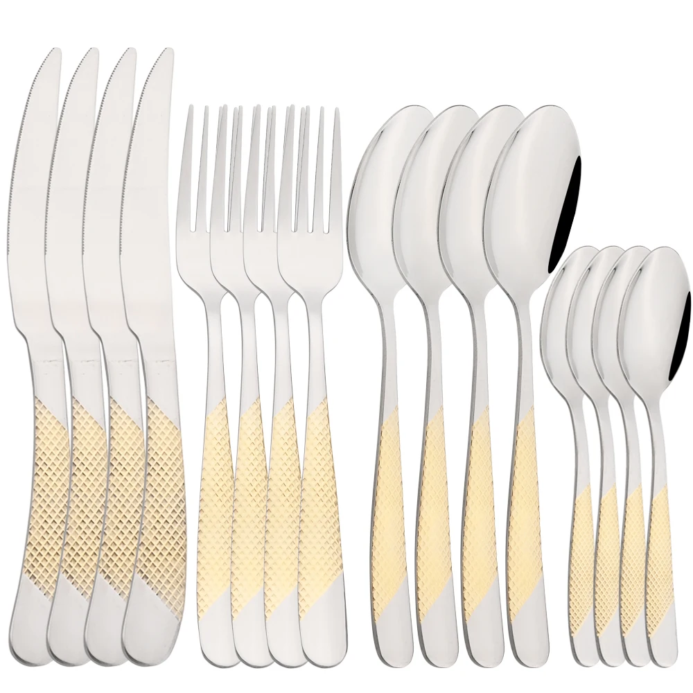 

16Pcs Silver Stainless Steel Cutlery Set Gold Dinnerware Set Mirror Silverware Fork Spoons Knife Western Dinner Tableware Set