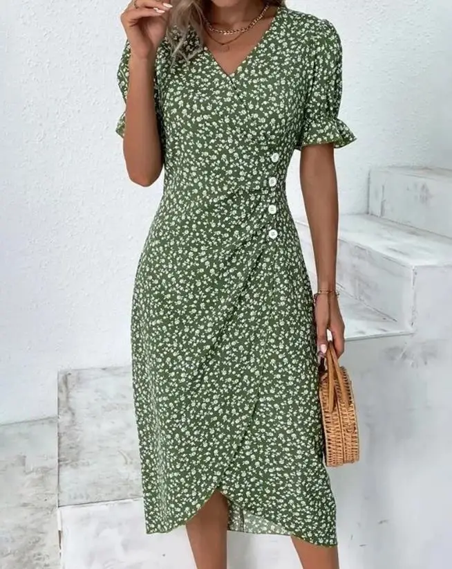 

Dresses for Women 2023 Summer Vacation New Elegant Ditsy Floral Print V Neck Side Button Wrap Dress Irregular Slit Dress