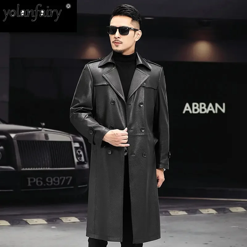

Spring Autumn Genuine Leather Jacket Men's Long Windbreaker Coats Double Breasted High-end Pure Cowhide Coat FCY