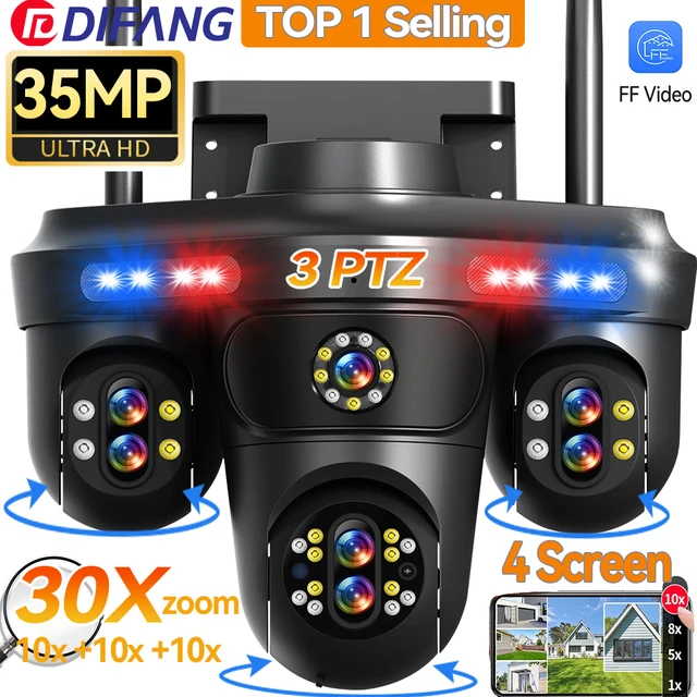 DIFANG 35MP WiFi caméra IP 4 écrans 7 lentilles 10X Zoom extérieur sans fil PTZ caméra de sécurité suivi automatique CCTV caméra de Surveillance Caméra de Surveillance Extérieure WiFi pour la Maison, Caméra IP avec Tro 1