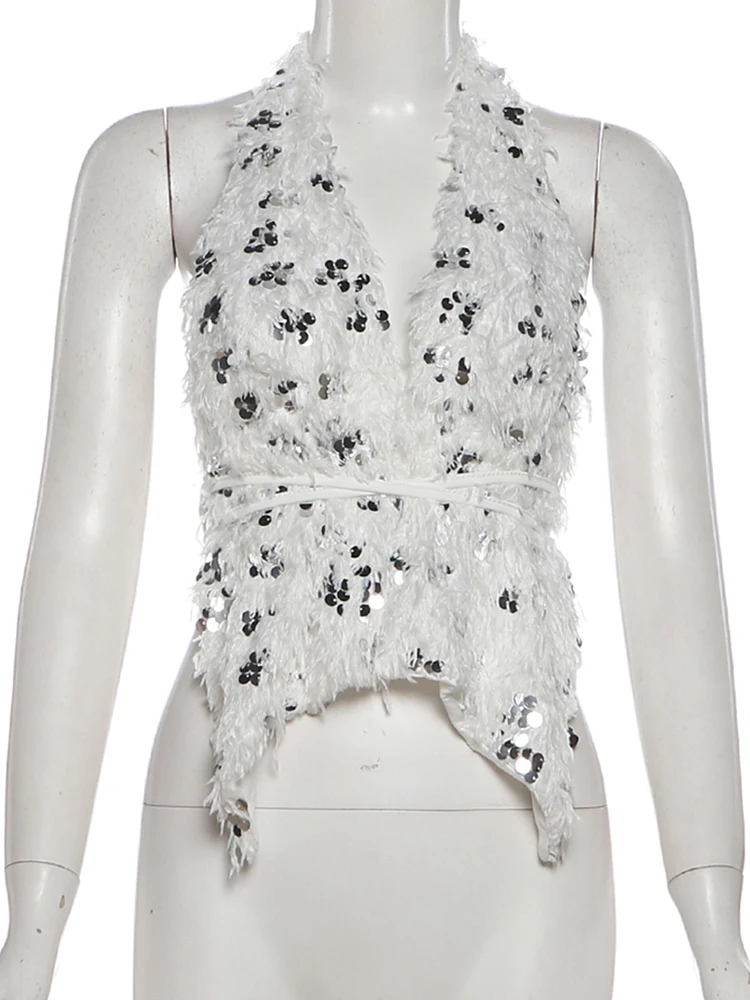 Nibber Sequins Fluffy Tassels 2-Piece Set Women v-Neck Single-Breasted Vest+Mini Elastic Waist Shorts Sexy Hottie Hipster Suits