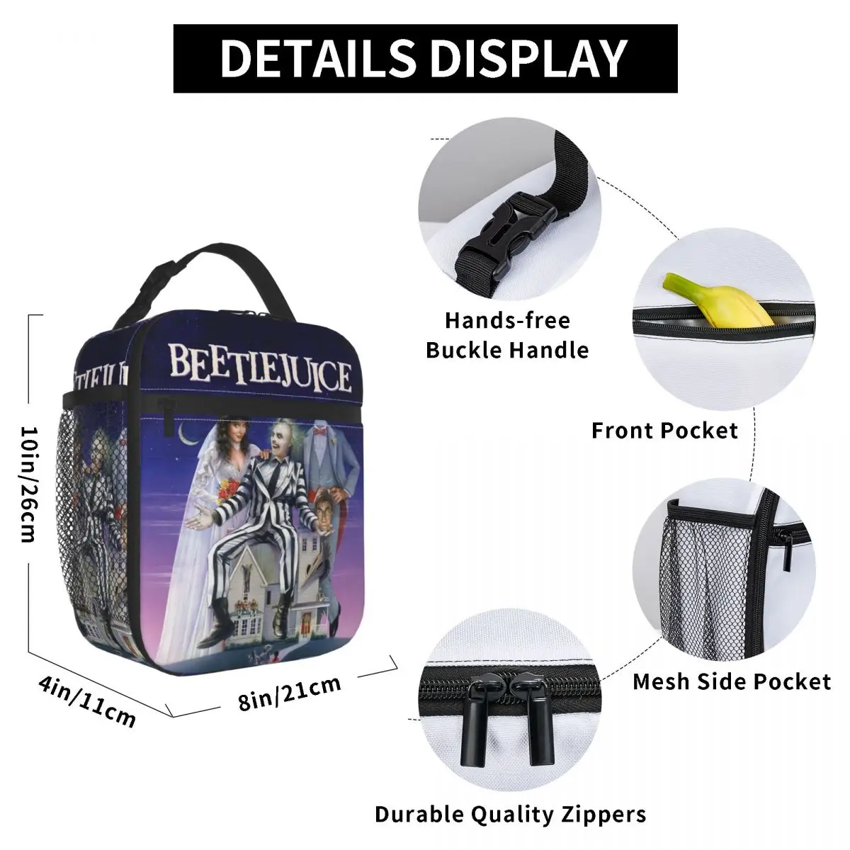 Tim Burton Beetlejuice Horror Film Insulated Lunch Bags for Outdoor Picnic Portable Cooler Thermal Lunch Box Women Children