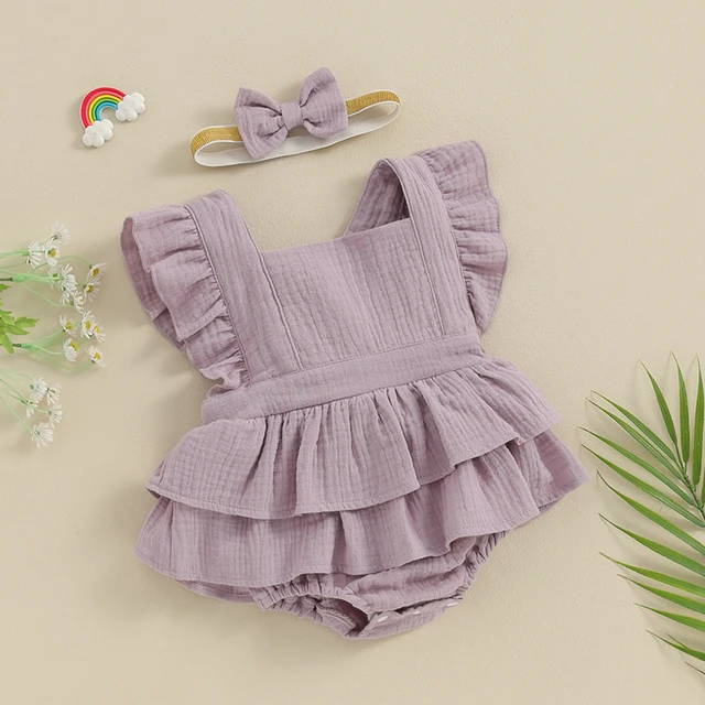 Baby Girls Rompers Dress Solid Color Fly Sleeve Skirt Hem Infant Bodysuits Summer Clothes with Headband 1