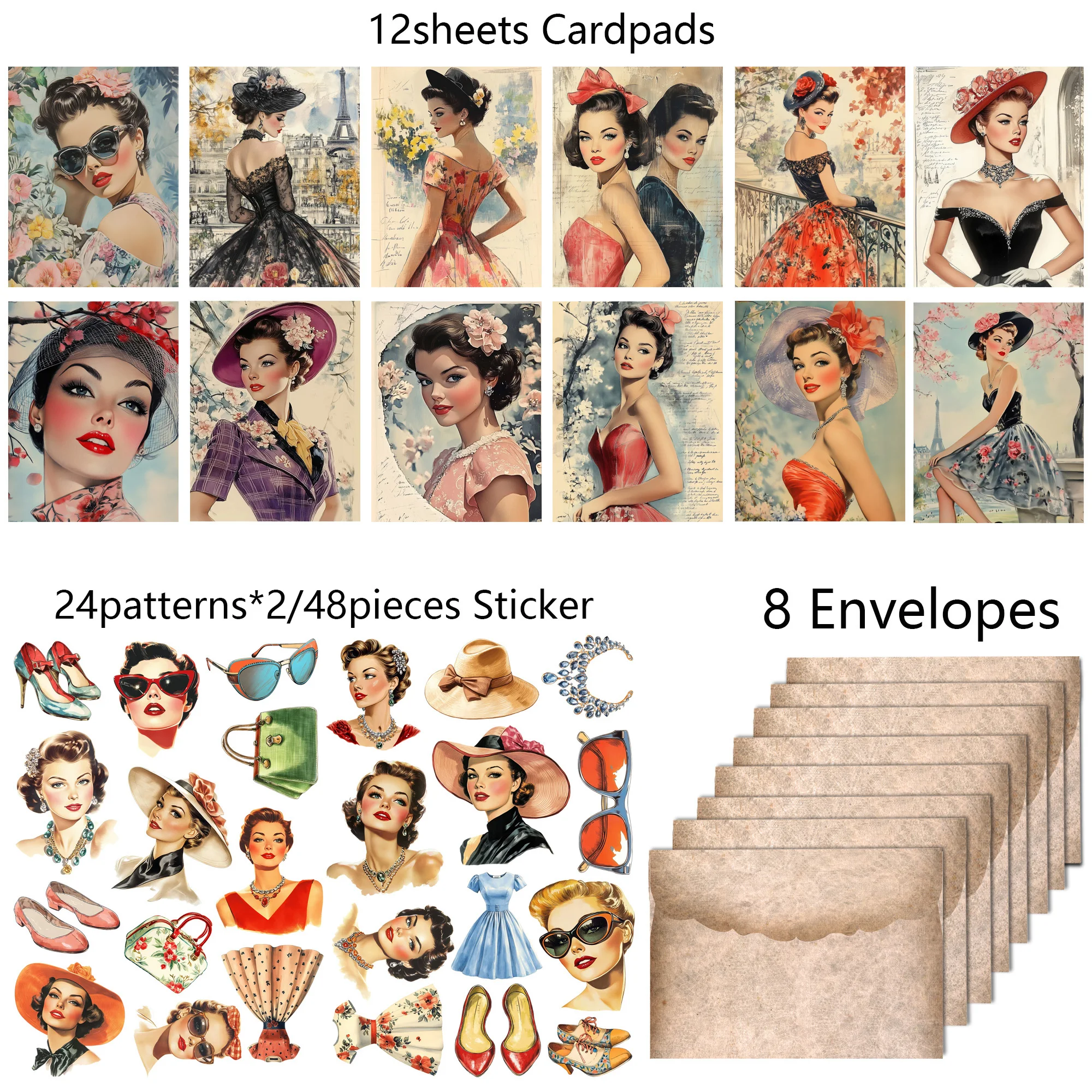 80s Modern Girl Vintage Style PostCards Kits with Sticker for Scrapbooking Supplies Junk Journal Kits 68pieces(with 8 envelopes) stickers scrapbooking supplies,journal tools set