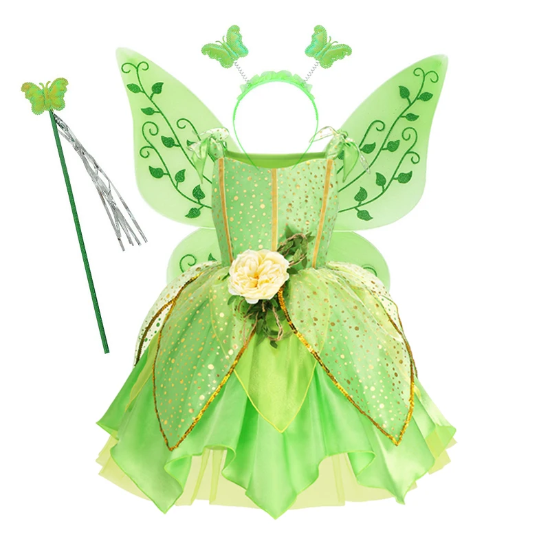 thumbnail image 1 of Disfraz de Disney Tinker Bell para niñas, disfraz de Hada Verde, vestido de princesa de fantasía, fiesta de cumpleaños, Halloween, Carnaval, ropa, 1 of 5