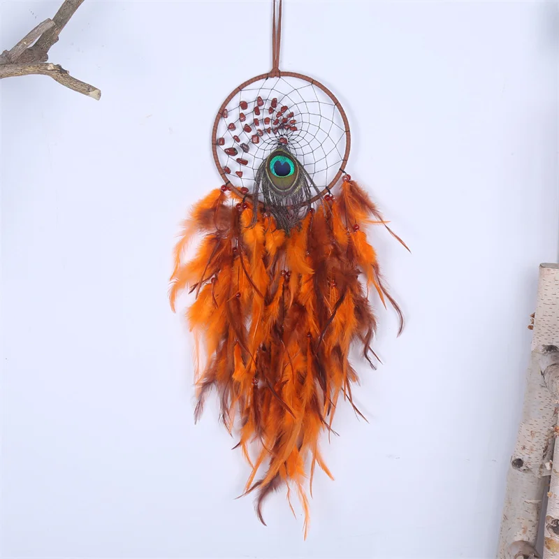 

Orange Peacock Indian Dream Catcher Led Light Wall Garden Hanging Feather Forest Room Decoration Handwoven Wind Chimes