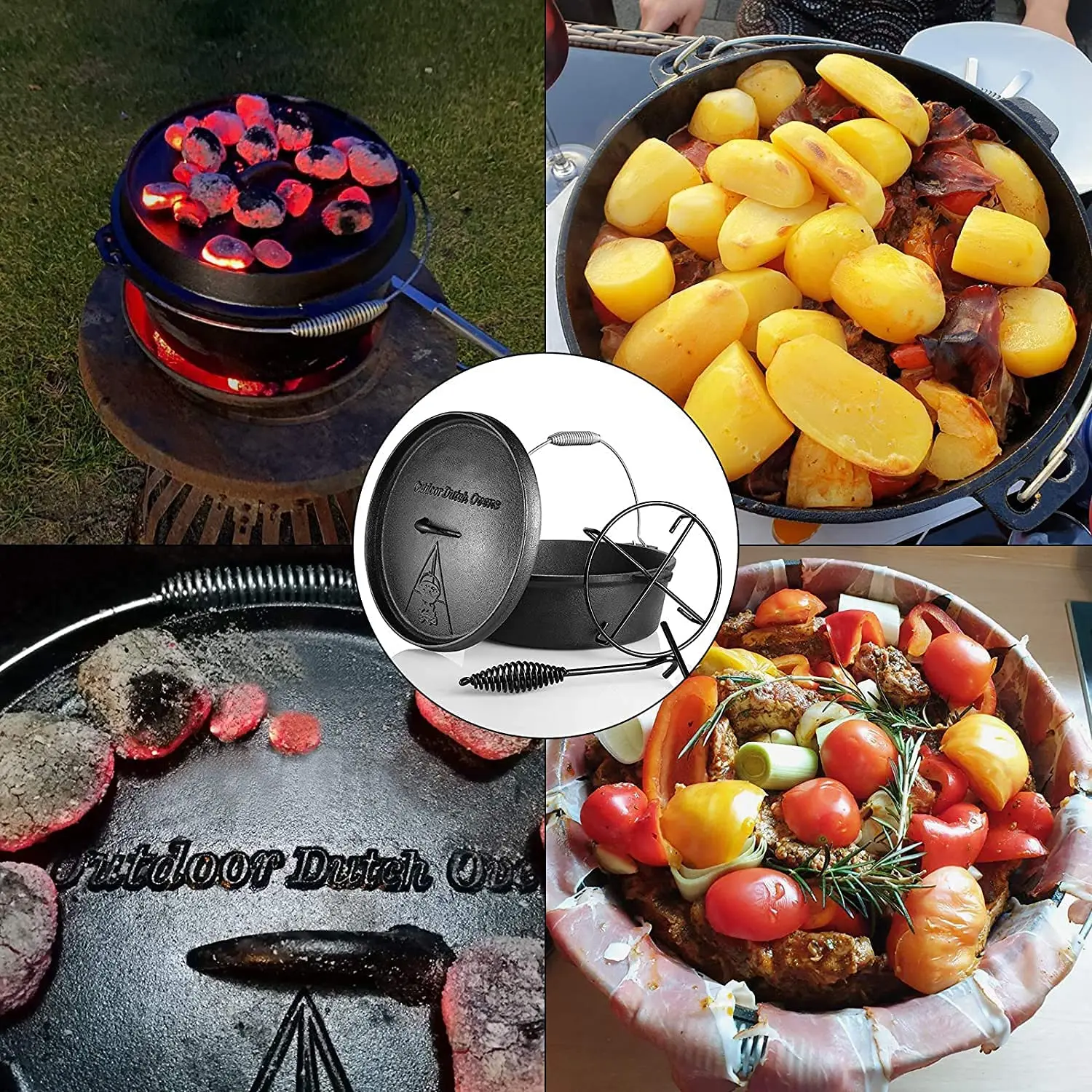 4.2/6/8/12 Quart Cast Iron Dutch Oven Camping Pot Outdoor Portable  Multi-function Cookware Stew Pot Barbecue Pot Soup Picnic Pot