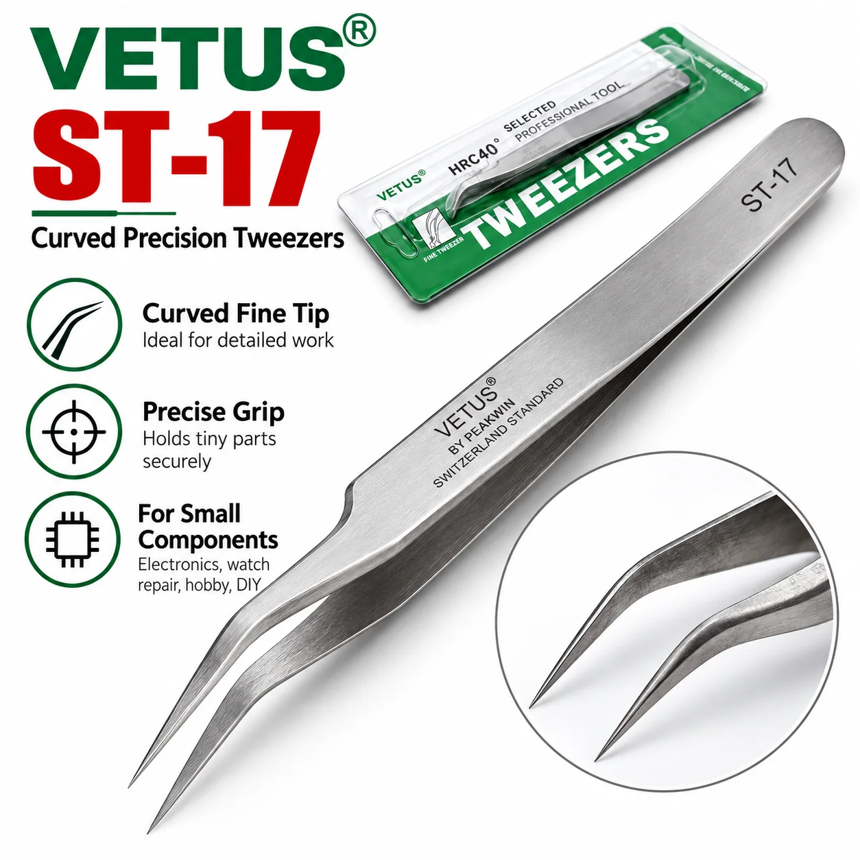 VETUS ST-17 Präzisionspinzette aus Edelstahl mit gebogener Spitze für die Reparatur von Leiterplatten, SMD-Bauteilen und Elektronik