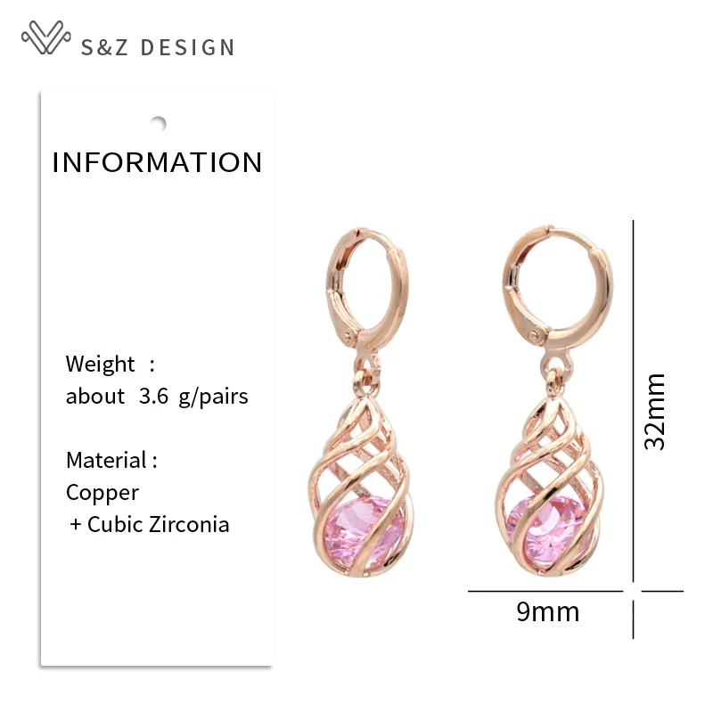 S&Z DESIGN New Trendy 585 Rose Gold Color Cubic Zirconia Spiral Hollow Water Drop Dangle Earrings For Women Gift Jewelry
