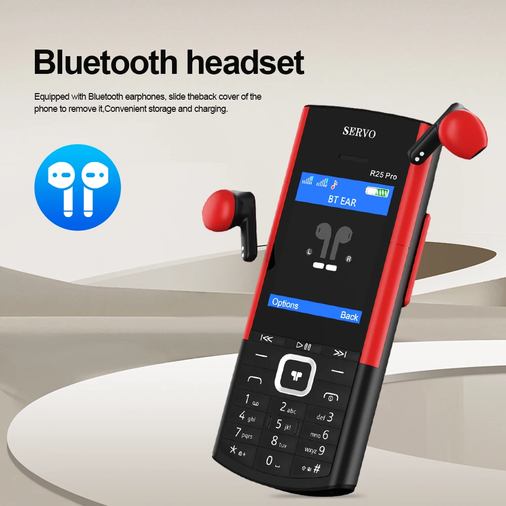 SERVO R25 PRO Mobile Phone With Wireless Earbuds 2.4" Display Dual SIM Standby Speed Dial Call Recording FM Radio Cellular phone