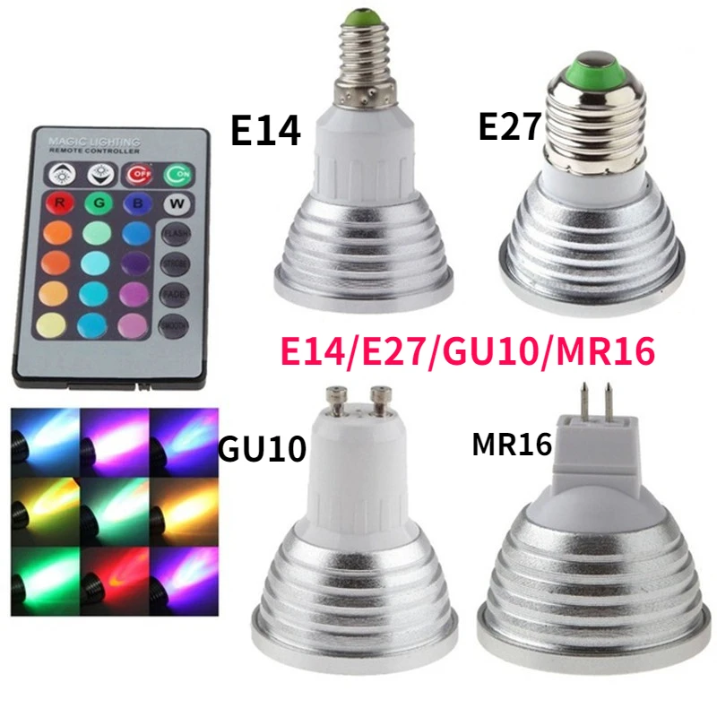 LED Spotlight RGB 3W E27 E14 GU10 GU5.3 MR16 With 24keys Remote Control Color Dimmable Light Bulbs for Home Decoration