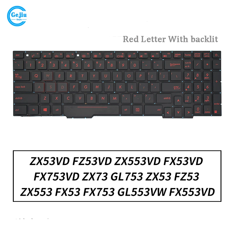 Teclado do Portátil para Asus Gl553vw Gl753 Fx553vd Zx53 Zx53v Fz53 Zx553 Fx53 Fx753 Zx73 Letra Vermelha com Backlit Novo - Imagem 3