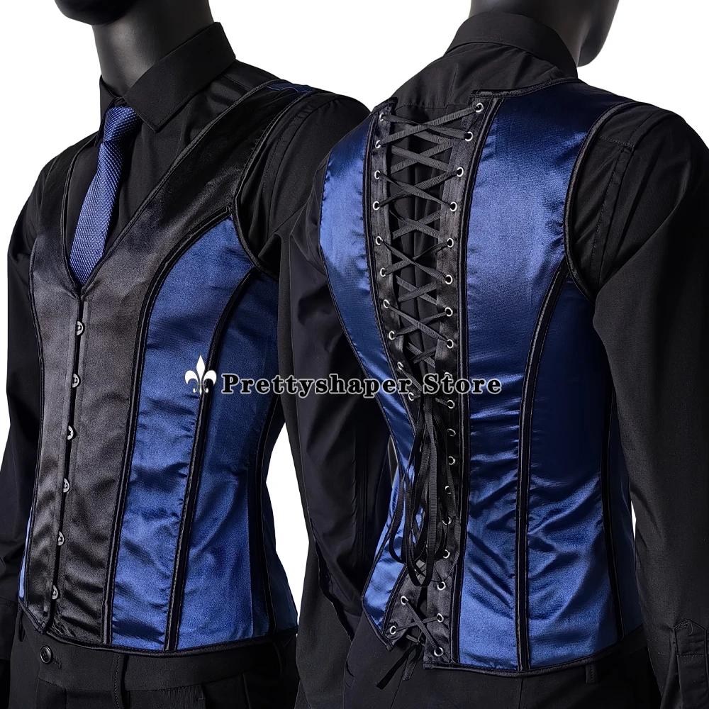 Men Abdomen Corset Shaping Vest Lace Up Vintage Waistcoat With Bones Tummy Control Waist Girdle Tops Stage Costume For Wedding
