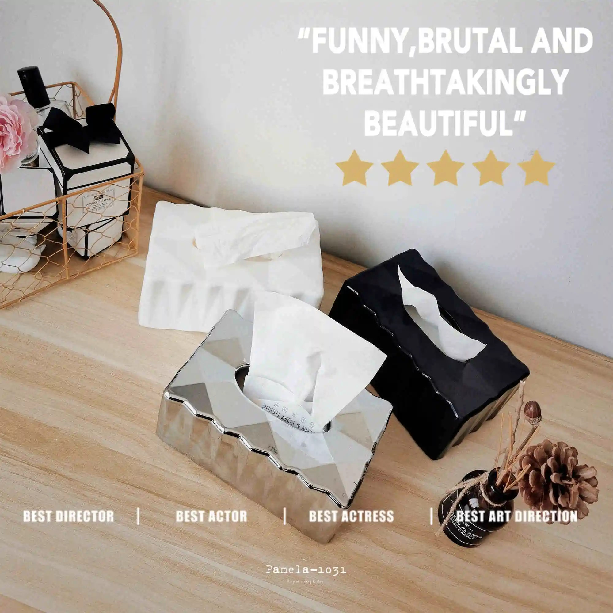 Luxury Golden Tissue Boxes Storage Napkin Holder Kitchen Tissue Box Square Shaped Container Plastic Craft Desktop Paper Case 2