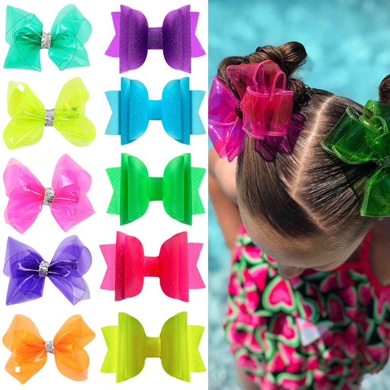 5pcs Waterproof Jelly Hair Bows With Clips Cute Girls Hairpins Barrettes Kids Glitter Knot Swim