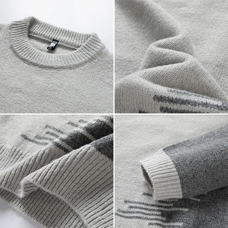 Men's Color Matching Fleece Sweaters Crewneck Long Sleeve Knitted Sweaters Winter Thicken Thermal Pullover For Men