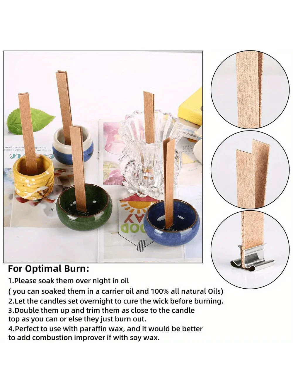 Handmade Smokeless Wooden Candle Wick Kit with Clips - 20pcs