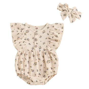 Infant Baby Girl Floral Romper Summer Cute Ruffle Fly Sleeve Round Neck Buttons Rompers with Bow Hair 2Piece Toddlers Clothes