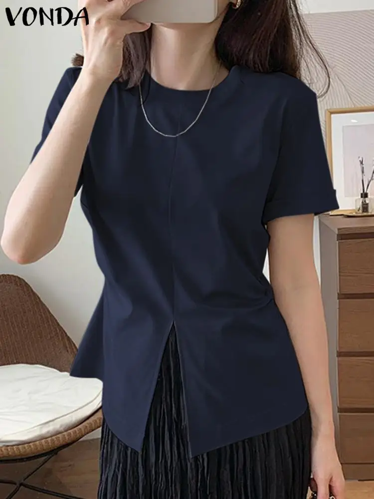 

VONDA Women Fashion Blouse 2024 Short Sleeve Tunic Summer Tops Casual Solid Color Slit Shirts Round Neck Elegant Blusas Feminina