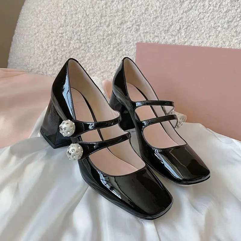 

Nude Color High Heel Shoes for Women Mary Jane Shoes Square Head Rhinestone Pearl Single Shoes Coarse Heel Shoes