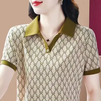 한국 패션 여성 의류 폴로 셔츠 티셔츠, 프린트 반팔, 다목적 캐주얼 빅 사이즈, 루즈 풀오버 상의, 여름 신상