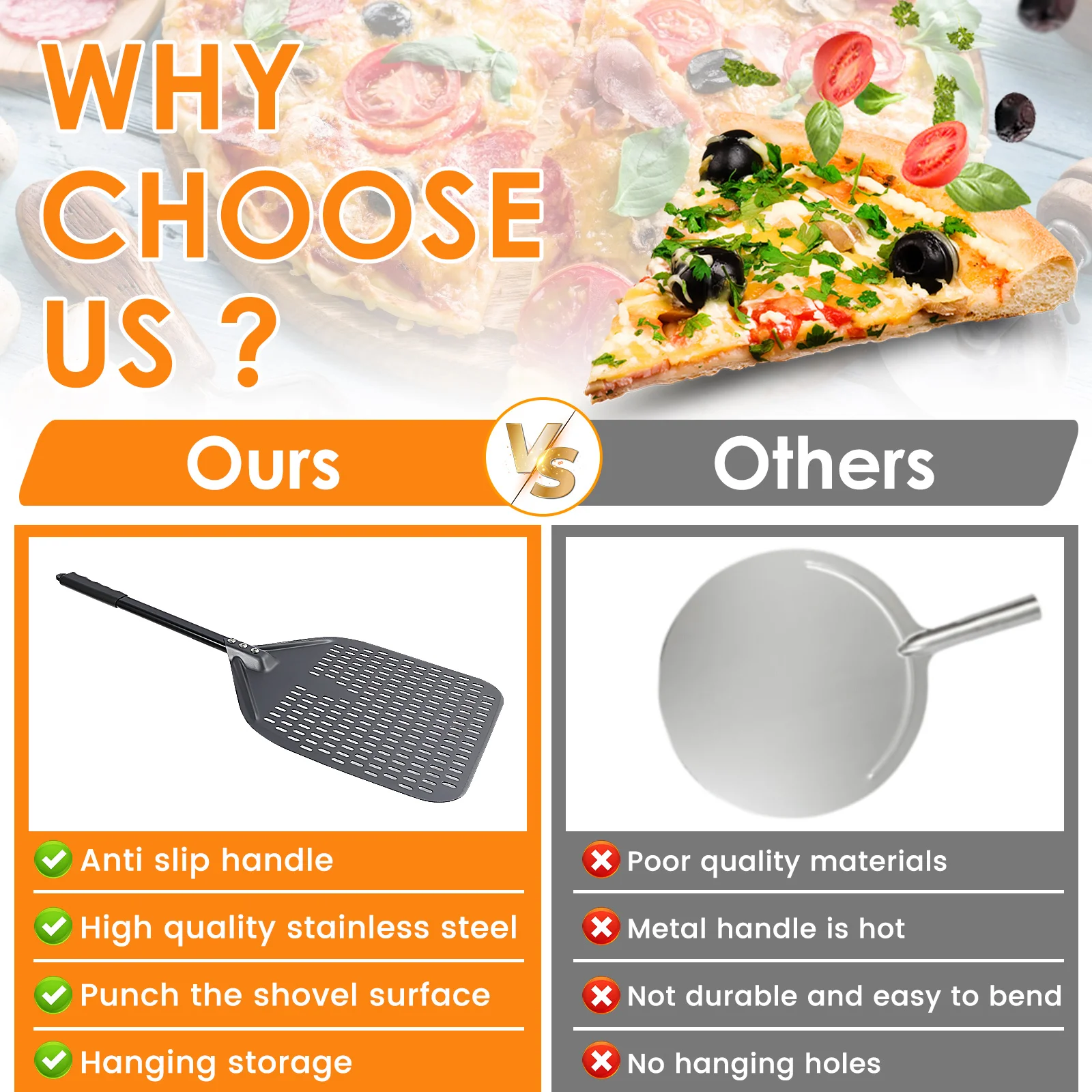 Perforated Pizza Peel 12 Inches Aluminum Pizza Paddle Nonstick Turning Peel with Anti-Scald Handle Heat Resistant