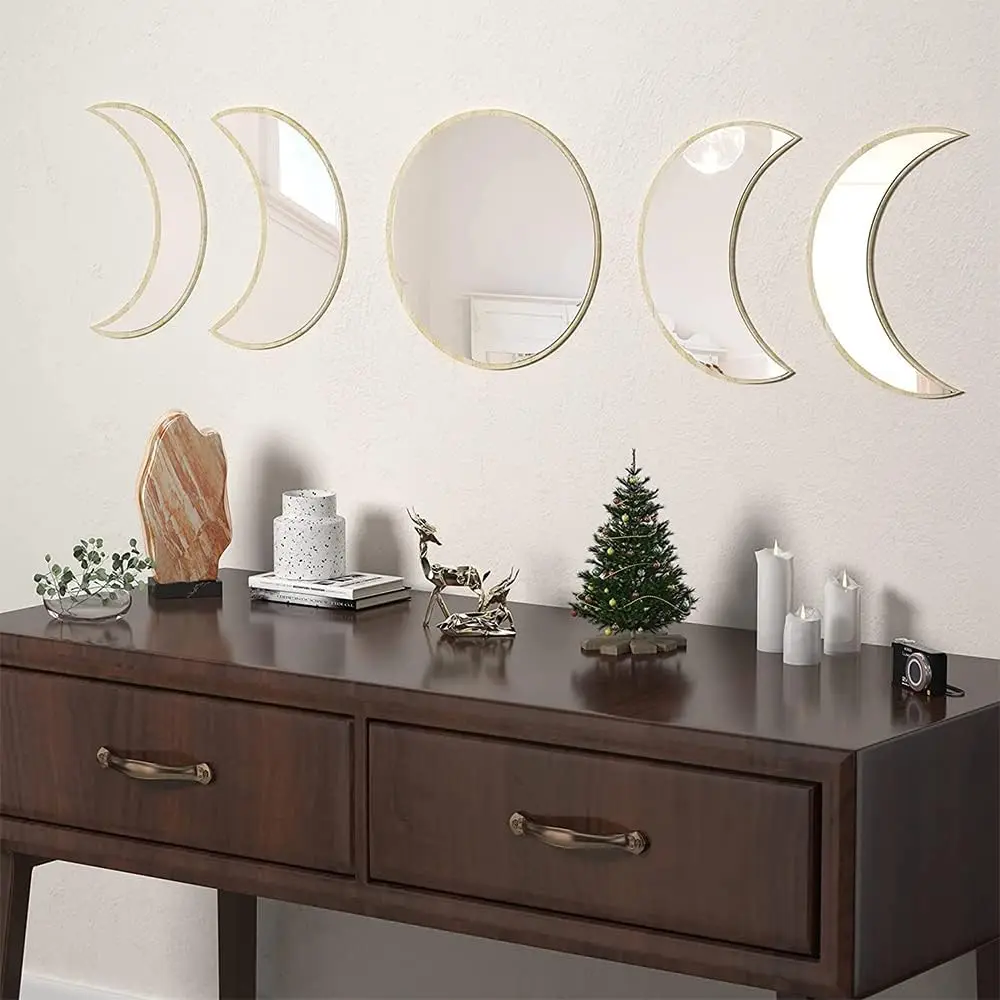 5 PCS Wooden Acrylic Moon Wall Decorative Mirror Moon Cycle Variation Decorative Wall Mirror Creative Bohemian