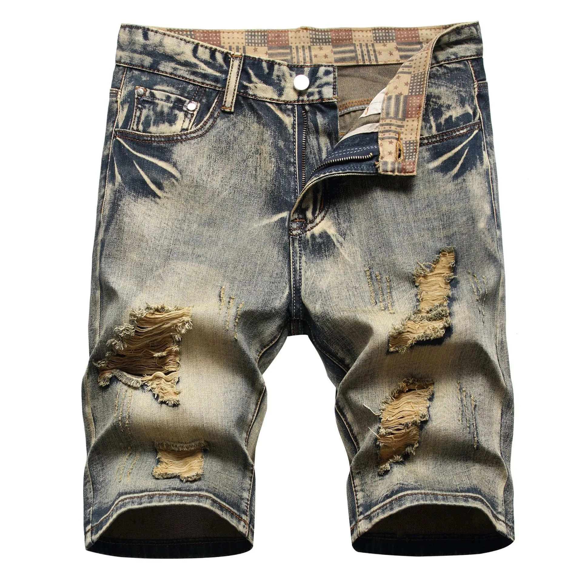 

High street hipster men's summer five-cent shorts ripped nostalgic fashion slim jeans mid-length pants