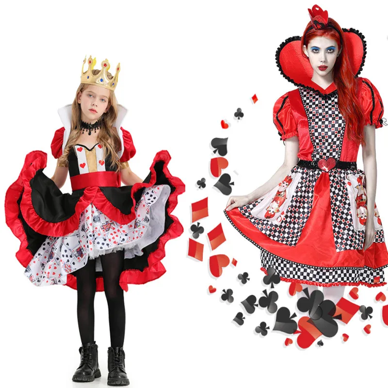 

Детский костюм королевы сердец для взрослых, костюм Алисы в стране чудес, королевы покера, костюмы для косплея на Хэллоуин, Маскарадные костюмы, сексуальное платье с головным убором