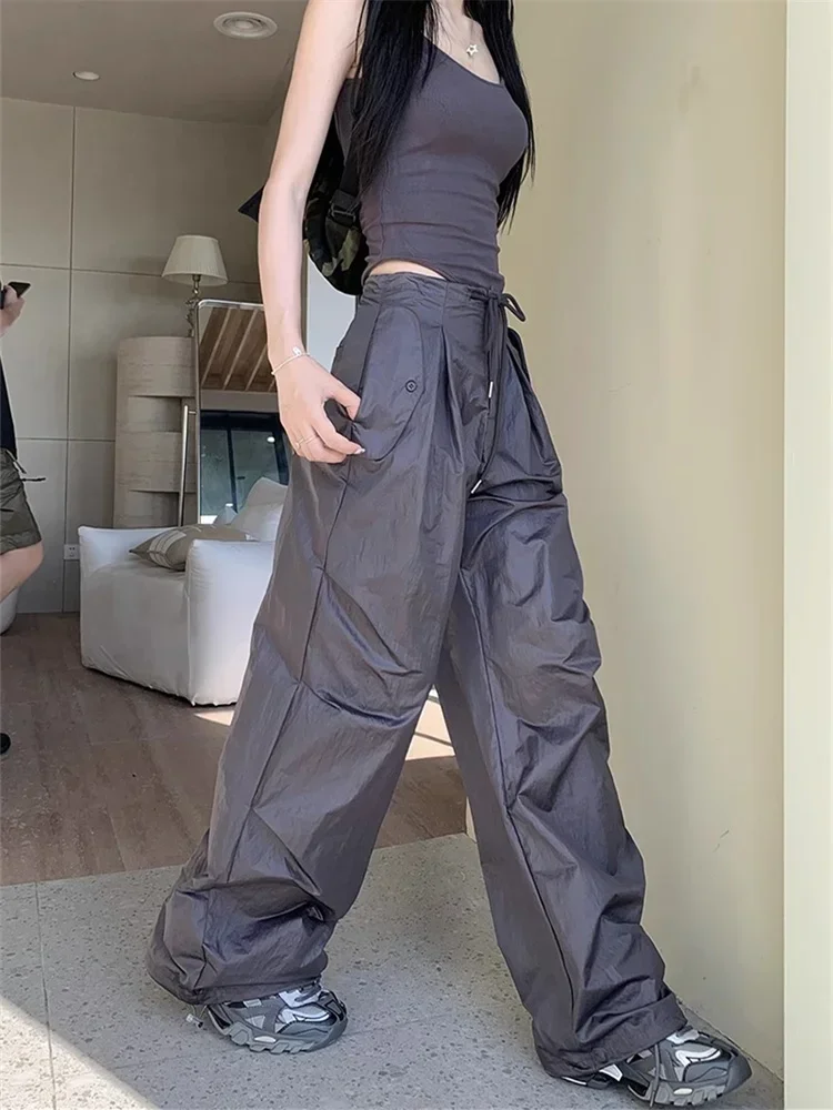 QWEEK Korean Fashion Gray Cargo Pants Women Y2K Vintage Drawstring Parachute Trousers Oversized Quick Dry Harajuku Sweatpants